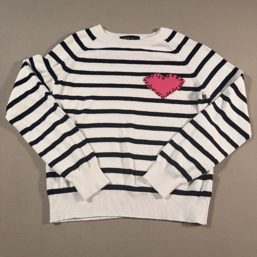 Slate White and Navy Stripped Crewneck with Heart Sz. Small